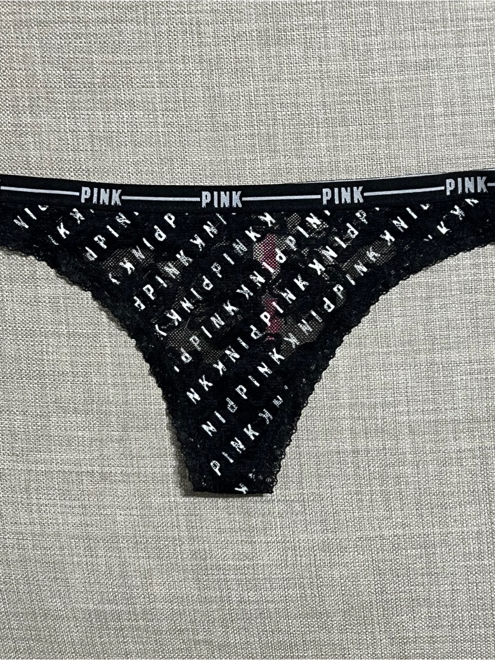 PINK Black Logo Lace Thong NWT VS small
